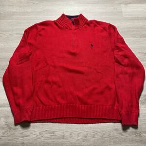 Vintage Polo Ralph Lauren Mens Red Quarter Zip Estate Rib Pullover Sweater 2XL